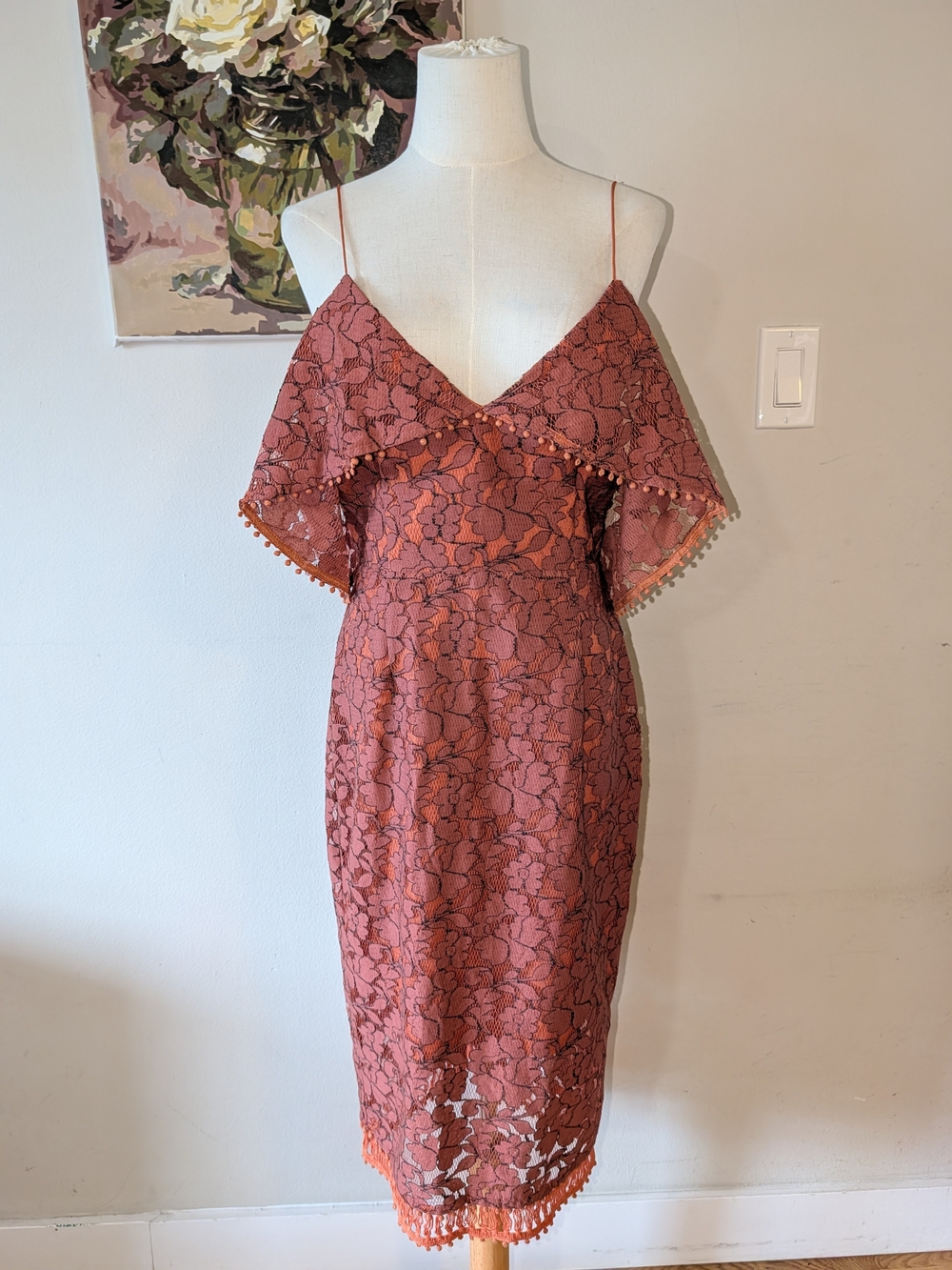 NICHOLAS Basque Lace Patterned Off The Shoulder Midi Dress